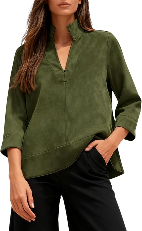 Yidarer Women's V-Neck Faux Suede Blouse 3/4 Sleeve Stand Collar Relaxed Fit Tunic Top for Casual... | Amazon (US)