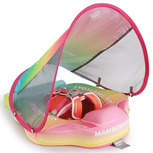 HECCEI Add Tail Mambobaby Baby Swim Float with Canopy Solid Pool Infant Swim Trainer Swimming Training Lying Air Free Water Floats Non-Inflatable Waist Swim Ring for Toddlers (Rainbow) | Amazon (US)