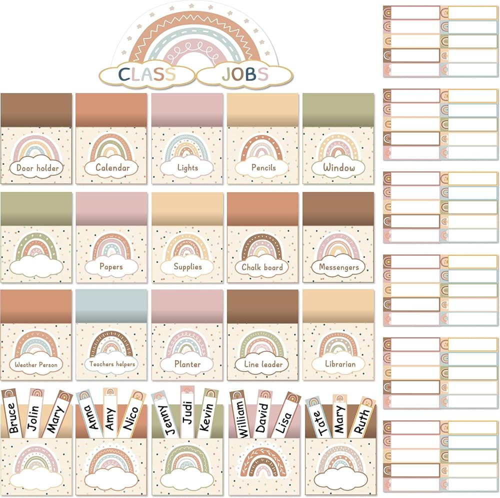 81 Piece Boho Rainbow Class Jobs Bulletin Board Boho Rainbow Themed Classroom Jobs Pocket Chart S... | Amazon (US)