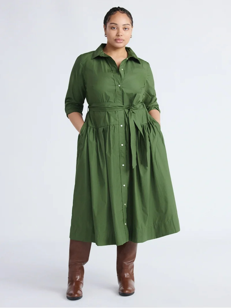 Free Assembly Women's and Women’s Plus Belted Cotton Maxi Shirtdress with Long Sleeves, Sizes X... | Walmart (US)