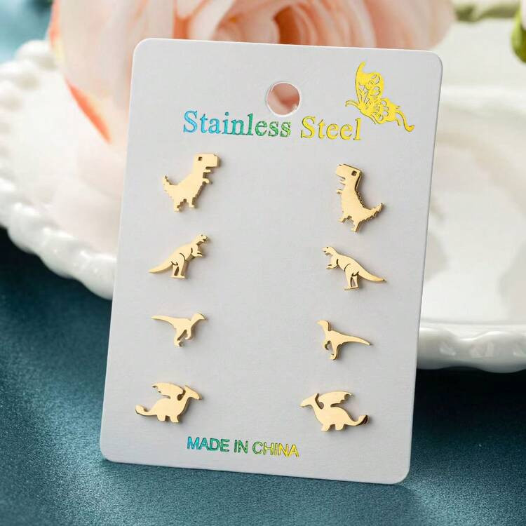 4pcs Fashion Cute Stainless Steel Dinosaur Earrings, Minimalist Animal Stud Earrings, Collection ... | SHEIN