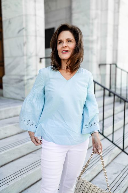 Easy breezy summer dressing with tunic tops from Soft Surroundings.  Wearing a size XSP.  Blue tunic top.  White slimming pull on jeans.
#ltkpetite #petitee

#LTKover40 #LTKworkwear #LTKSeasonal