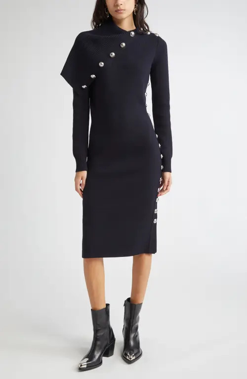 Rabanne Drape Shoulder Long Sleeve Merino Wool Sweater Dress in Navy at Nordstrom, Size X-Small | Nordstrom