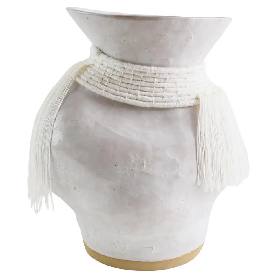 One of a Kind Ceramic & Woven Fiber Vase #842 - Satin White Glaze & White Cotton | 1stDibs