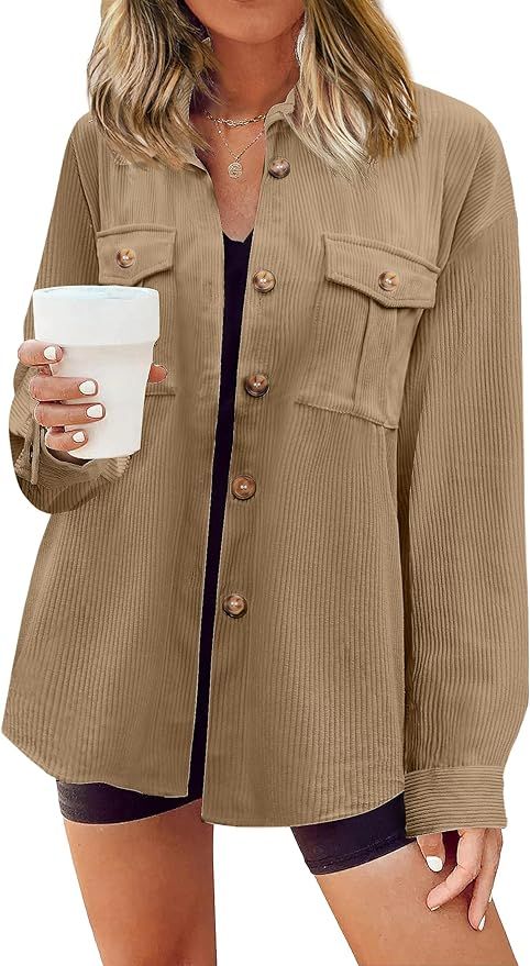 Beyove Women's Corduroy Shirt Long Sleeve Button Down Shacket Jacket Casual Oversized top with Po... | Amazon (US)