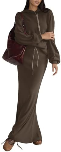 EXLURA Women 2 Piece Outfits Fall Airport Long Sleeve Hoodies Matching Long Skirt Dress Sweatsuit... | Amazon (US)