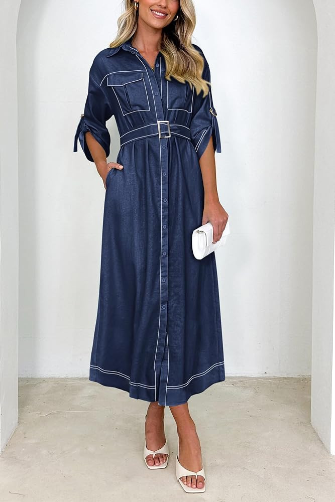 PRETTYGARDEN Women's Maxi Shirt Dress Casual 3/4 Sleeve Button Down Lapel V Neck A Line Belted Lo... | Amazon (US)