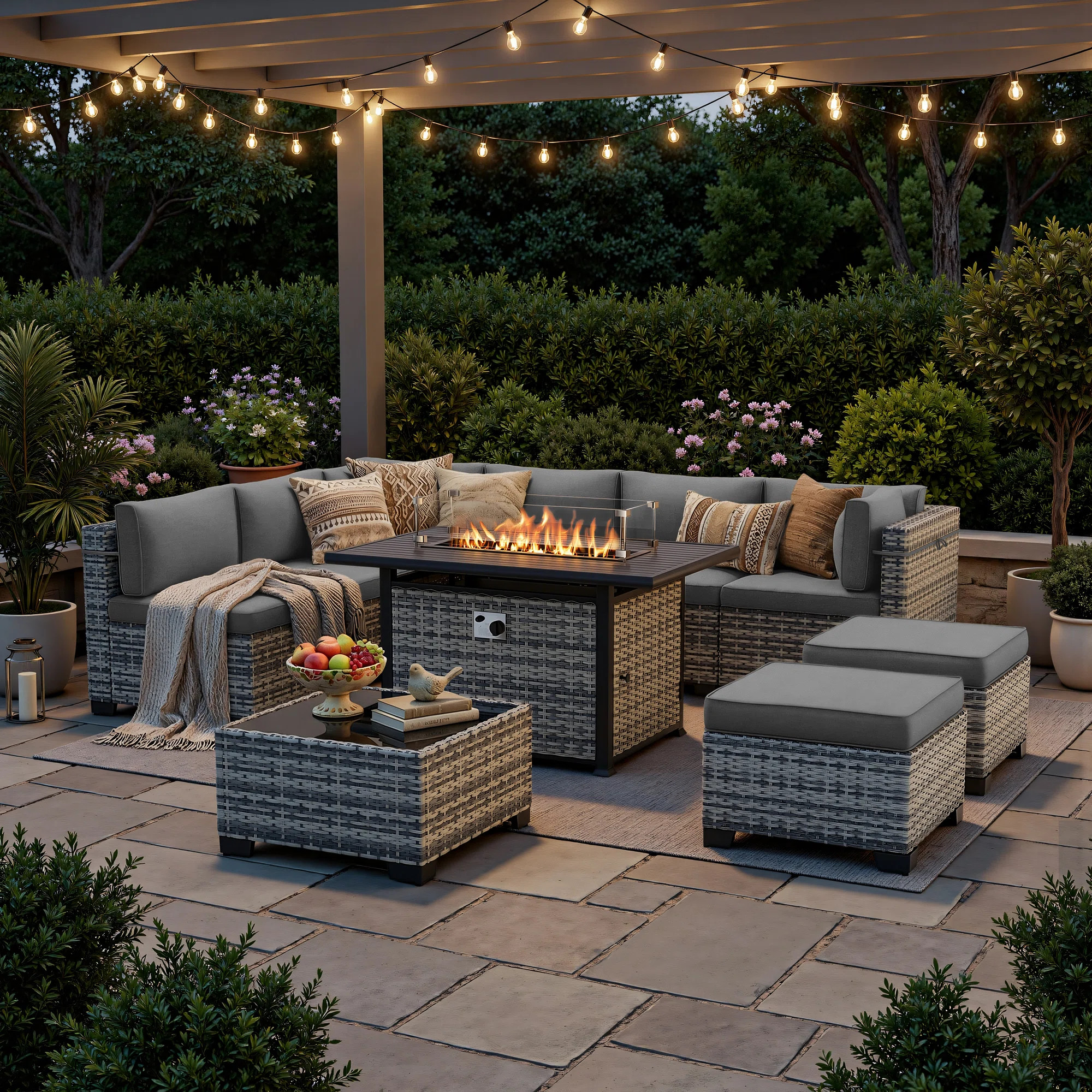 9-Piece Outdoor Patio Conversation Set With 55,000 BTU Propane Fire Pit Table, Wicker Sectional Sofa, 2 Ottomans & Coffee Table | Wayfair North America