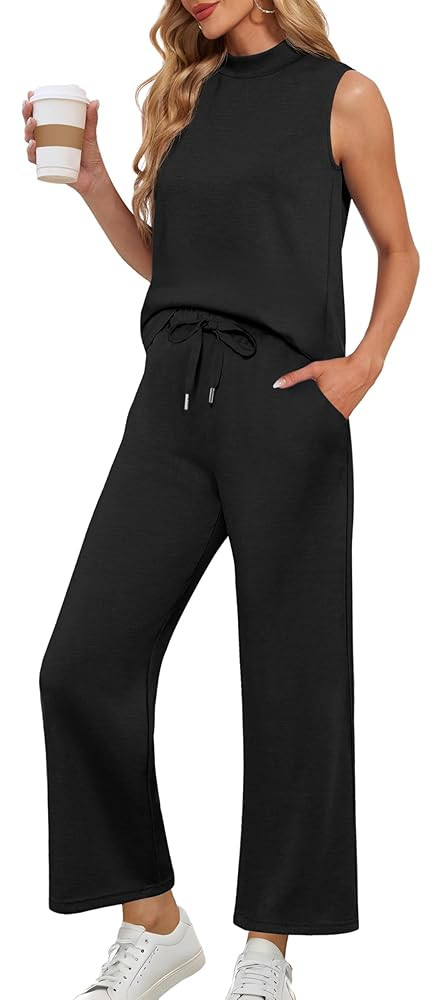 Lepunuo Two Piece Sets for Women Summer Mock Neck Sleeveless Top Wide Leg Pants Lounge Sets Vacat... | Amazon (US)