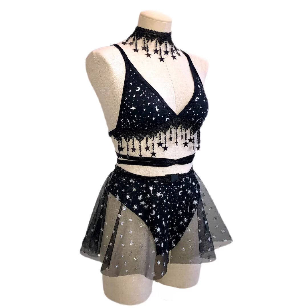 Celestial cutie | triangle top | highwaisted bottoms | mesh skirt | festival rave women clothing ... | Etsy (US)