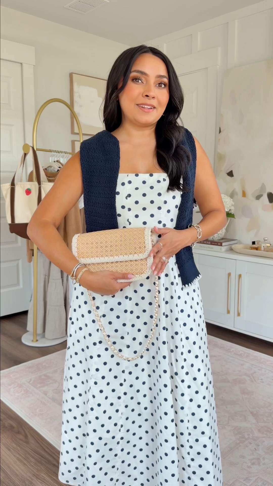 Navy polka dot dress size xs petite TTS
Navy cardigan size xs TTS
Tan sandals size 5.5 TTS

#LTKSpringSale #LTKSaleAlert #LTKPetite