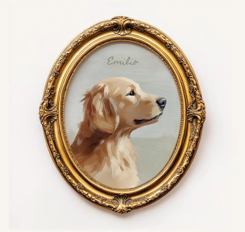 Mini Custom Artful Golden Retriever Oil Painting Portrait, Personal Vintage Dog Folk Art Print Mo... | Etsy (US)