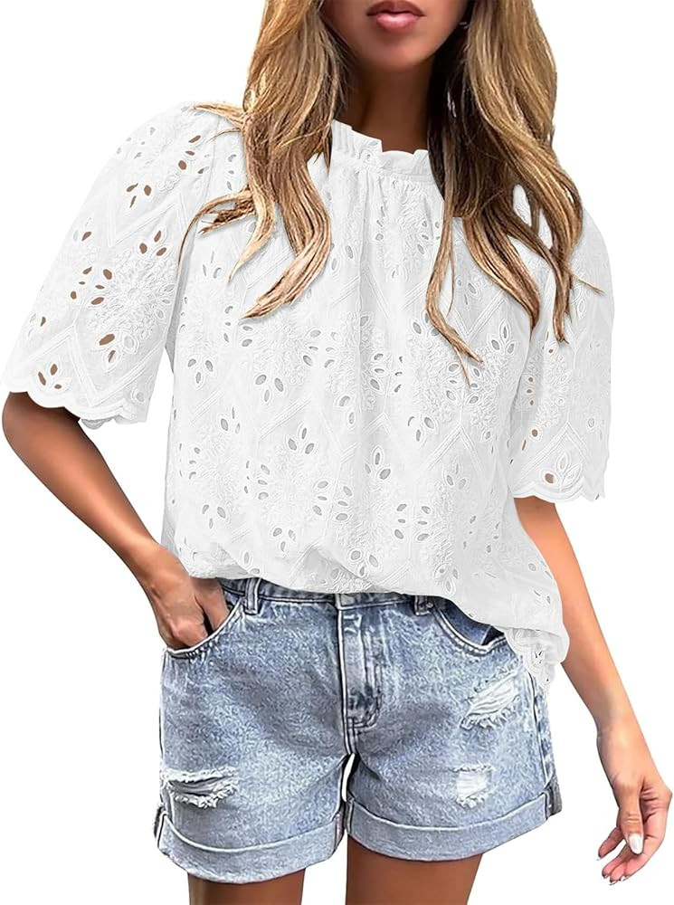 BETTE BOUTIK Womens Lace Tops 2025 Trendy Long Short Sleeve Eyelet Embroidered Dressy Casual Blou... | Amazon (US)