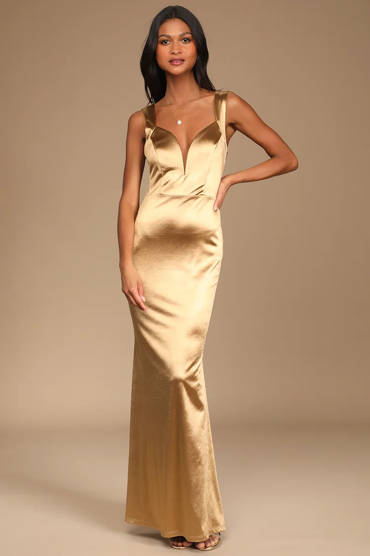Evening Gala Gold Satin Mermaid Maxi Dress | Lulus (US)
