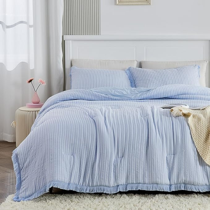 Queen Comforter Set for Girls Bluey Bedding Set with Tassel Fringes & Jacquard Stripes Light Blue... | Amazon (US)
