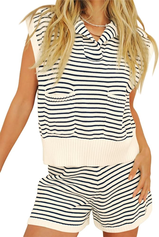 Imily Bela Womens 2 Piece Outfits Sweater Sets Striped Knit Sleeveless Pullover Top Shorts Lounge... | Amazon (US)