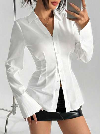 SHEIN EZwear Dames Blouse met Knoopsluiting, Lange Mouwen, Gerimpelde Aansluitende Elegante Effen... | SHEIN