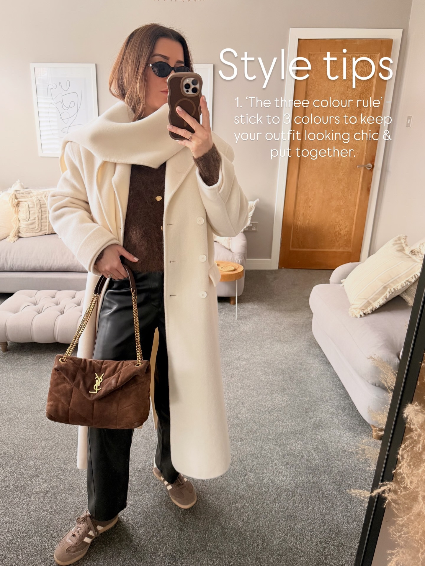 Style tips for everyday dressing. Save for inspo later 
Coat - size 36
Knit cardigan - size medium 
Leather pants - size 6  

1. The three colour rule - stick to 3 colours to keep your outfit looking chic & put together. 

2. Add depth by combining textures. The soft leather paired back with the fluffy knit creates interest to an outfit.

3. Using the same colour for your top and shoes creates a “sandwich effect,” helping to tie the outfit together and create visual consistency.

4. Sunglasses will always complete an outfit. 

Personal stylist - personal shopper - colour analyst - transitional fashion - outfit inspo - spring fashion - wardrobe detox - wardrobe styling - virtual styling - style tips

#LTKFashionMonth #LTKspring #LTKjeans