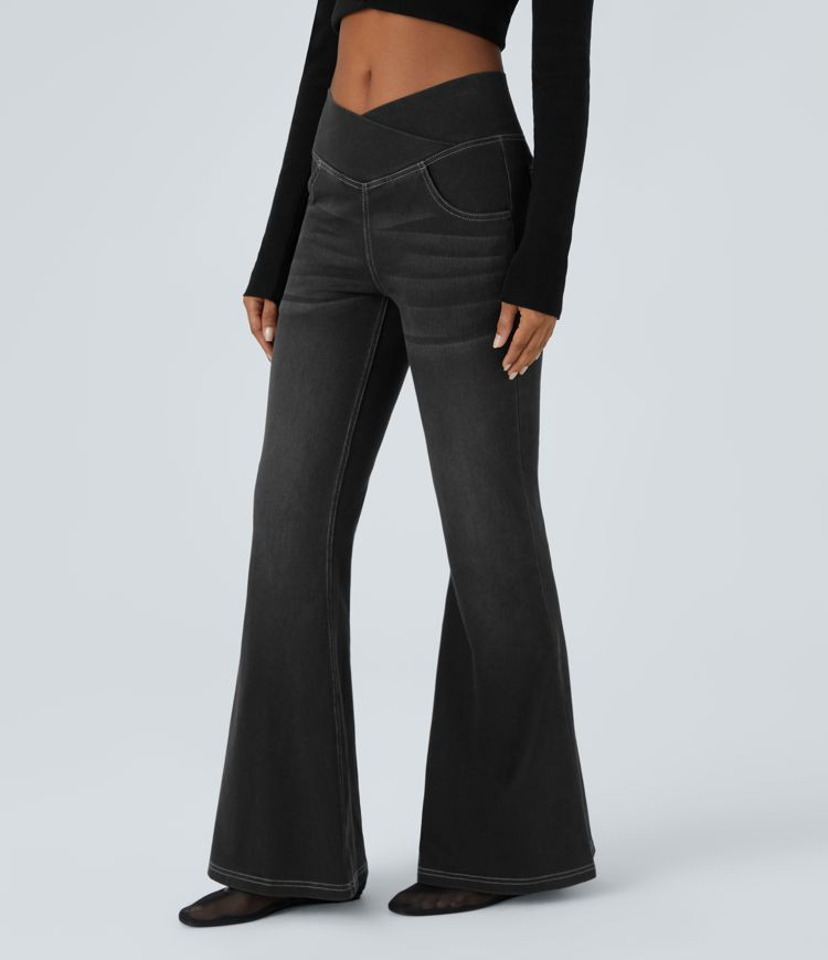 Women’s Halara Flex™ High Waisted Crossover Pocket Washed Stretchy Knit Casual Flare Jeans - ... | HALARA