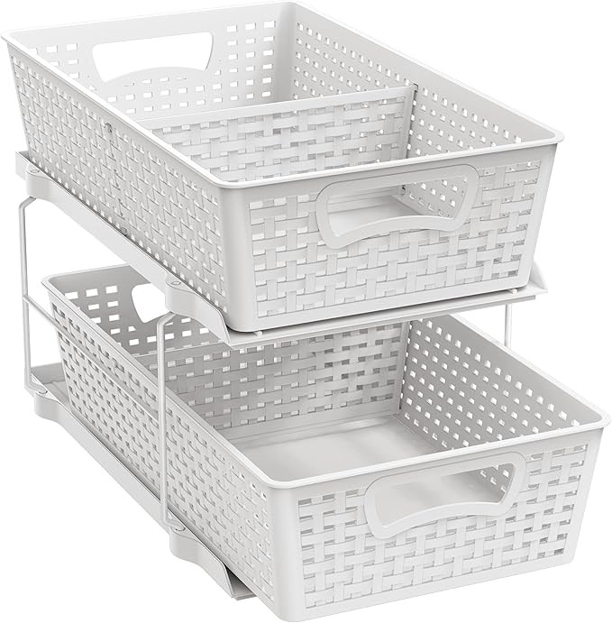 Simple Houseware 2 Tier Bathroom Organizer Tray Pull-Out Sliding Drawer, Under Sink Storage, Whit... | Amazon (US)