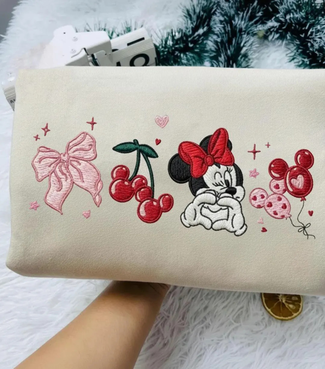 EMBROIDERED Disney Minnie Mouse Sweatshirt, Cute Minnie Bow Cherries Valentine Sweater, Disney Co... | Etsy (US)