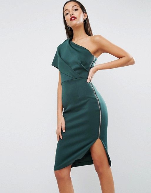 ASOS One Shoulder Scuba Deep Fold Midi Dress with Exposed Zip | ASOS US