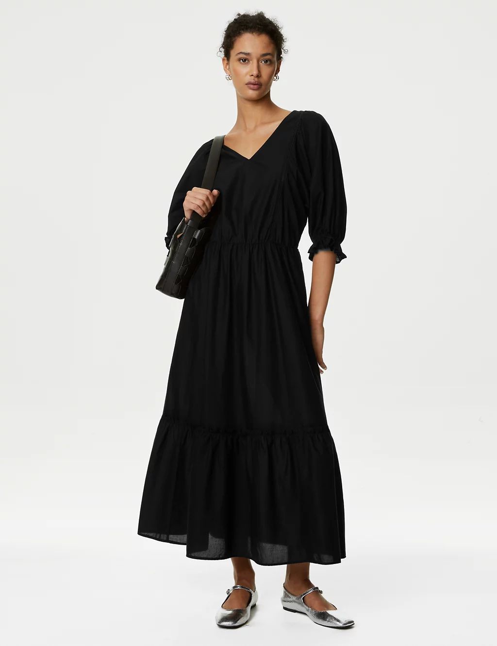 Pure Cotton V-Neck Midi Waisted Dress | Marks & Spencer (UK)