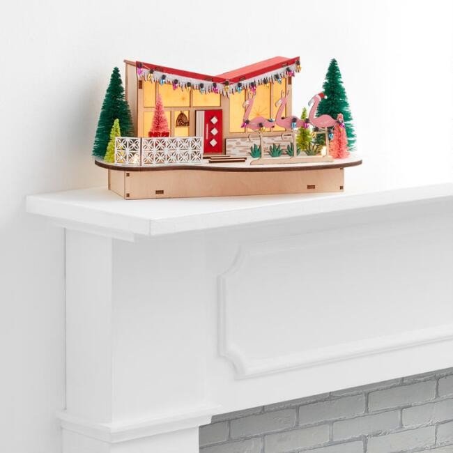 Laser Cut Wood Mid Century Flamingo House LED Light Up Decor | World Market
