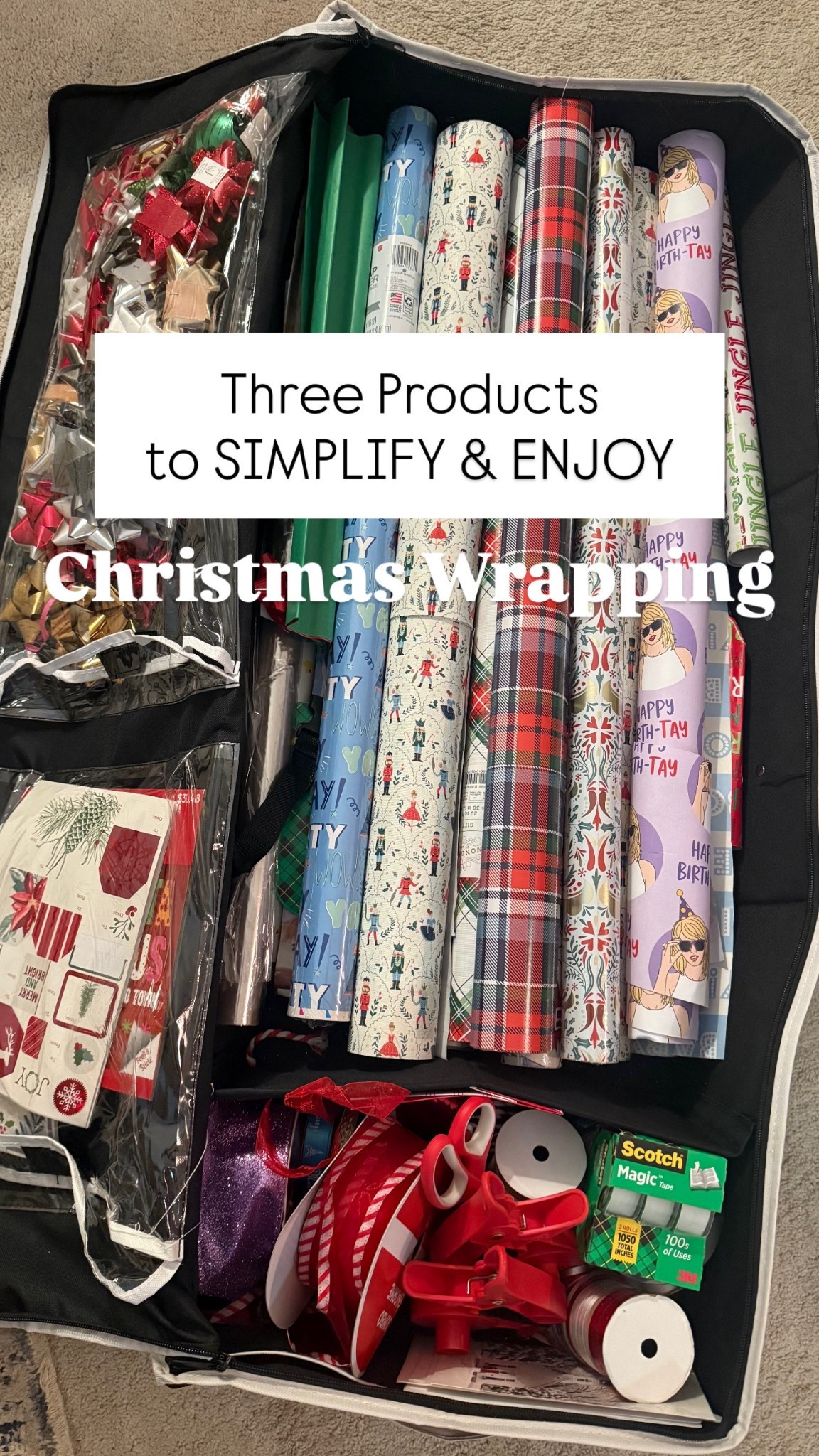 My top 3 favorite items for Gift Wrapping!! 

Under the Bed Gift Wrap Organizer 

Wrap Buddies (protect your back!!) 

Pull Bows are life changing!! 