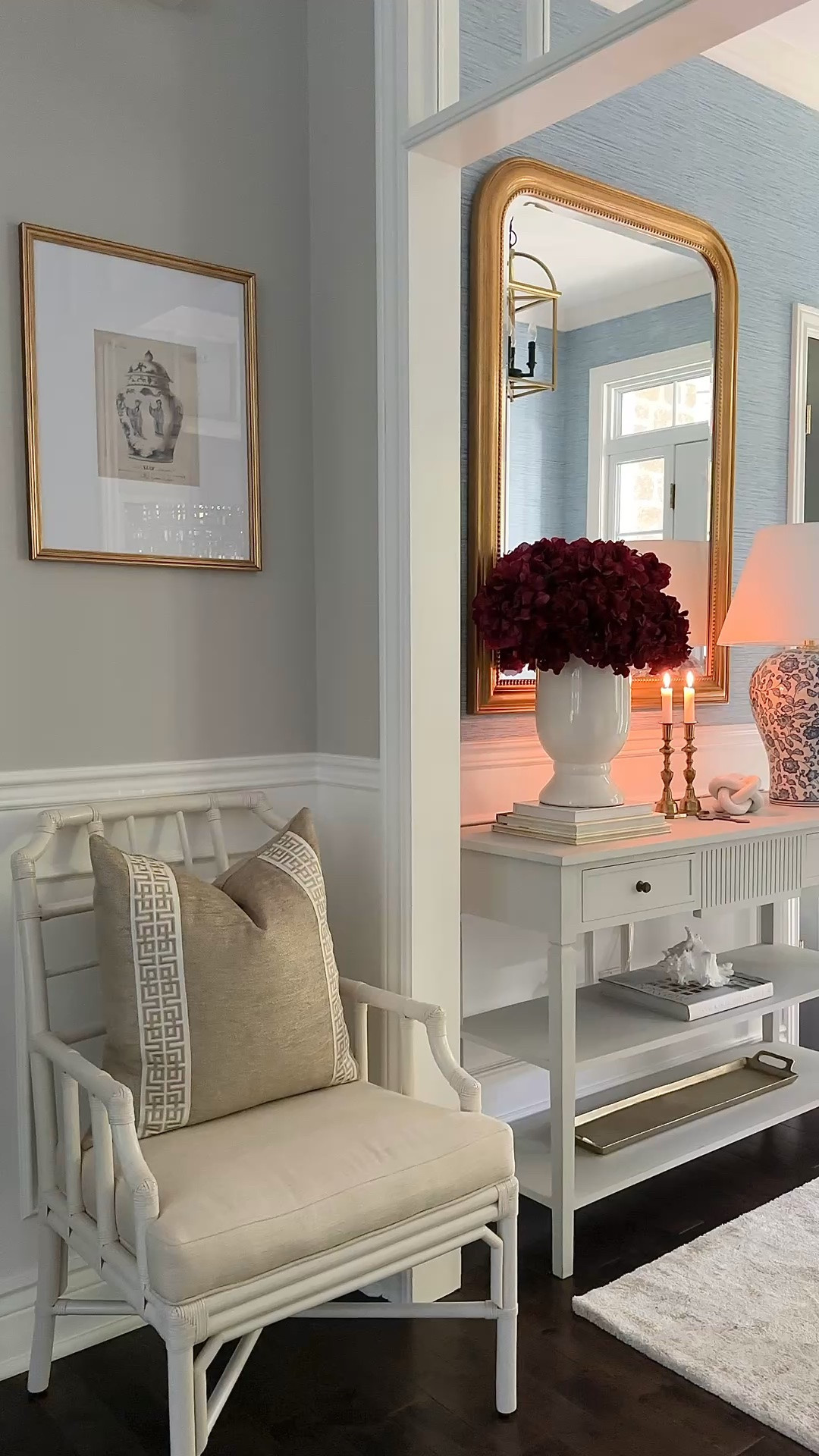 Simple and elegant fall home decor in our entryway💙A chic blue and white lamp, lush burgundy florals and beautiful candlelight brings in a gorgeous fall look

#LTKSeasonal #LTKHome