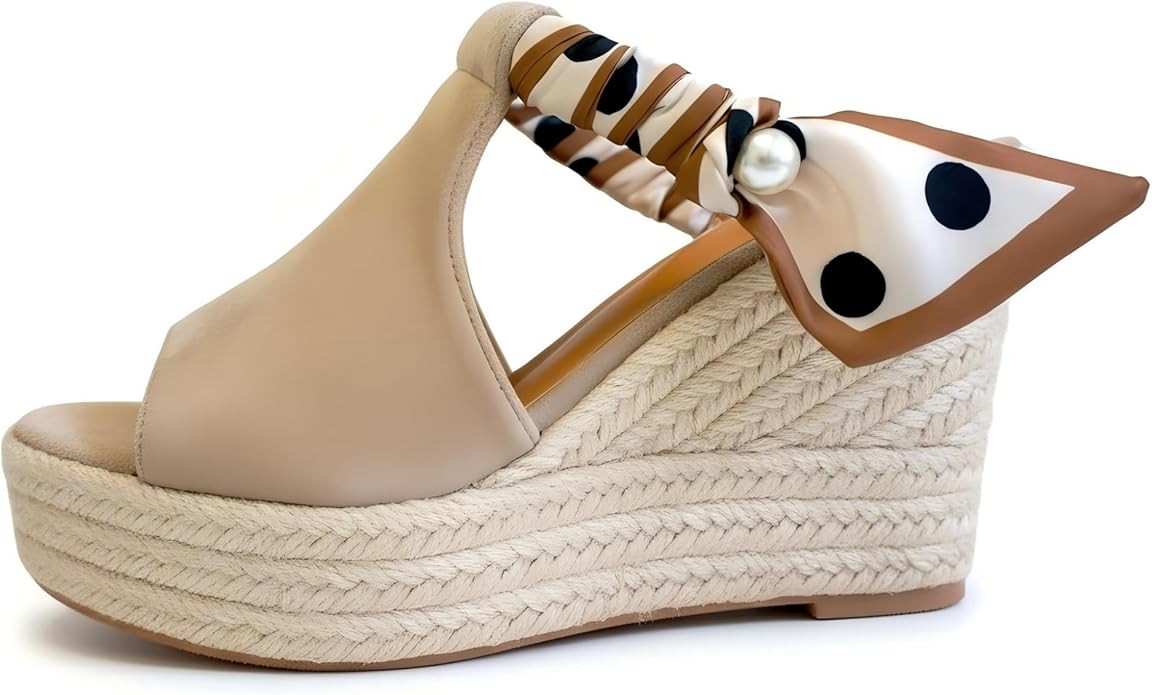 Womens Espadrille Wedge Sandals Pearl Embellished Platform Slides with Fixed Silk Scarf Strap Com... | Amazon (US)