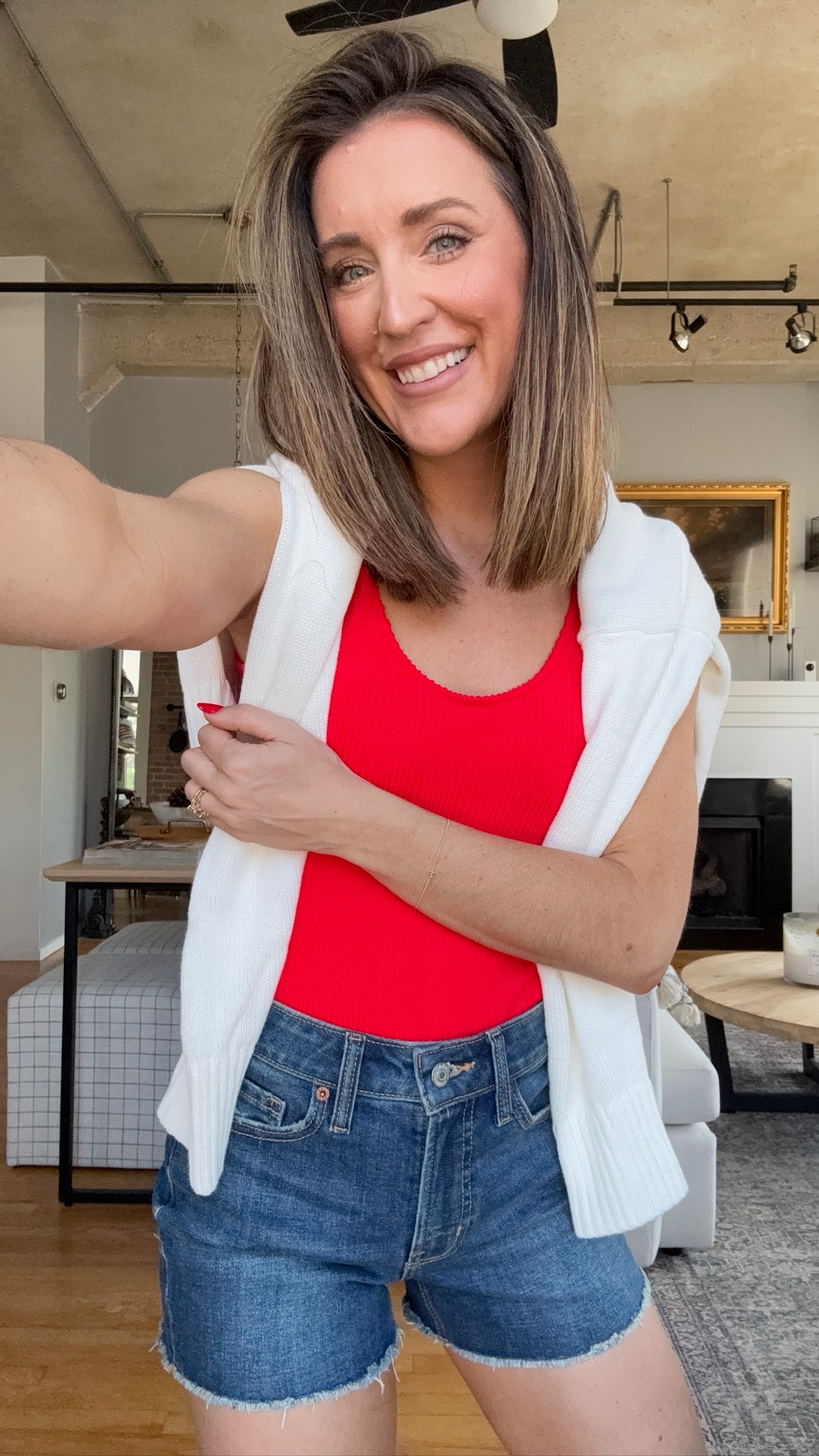Memorial Day lake day outfit! These denim shorts are stretchy and a great length, I am 5’4”! Crinkle one piece bathing suit runs a little big. The flag sweater also comes in navy, I sized up to medium 

#LTKStyleTip #LTKFindsUnder50
