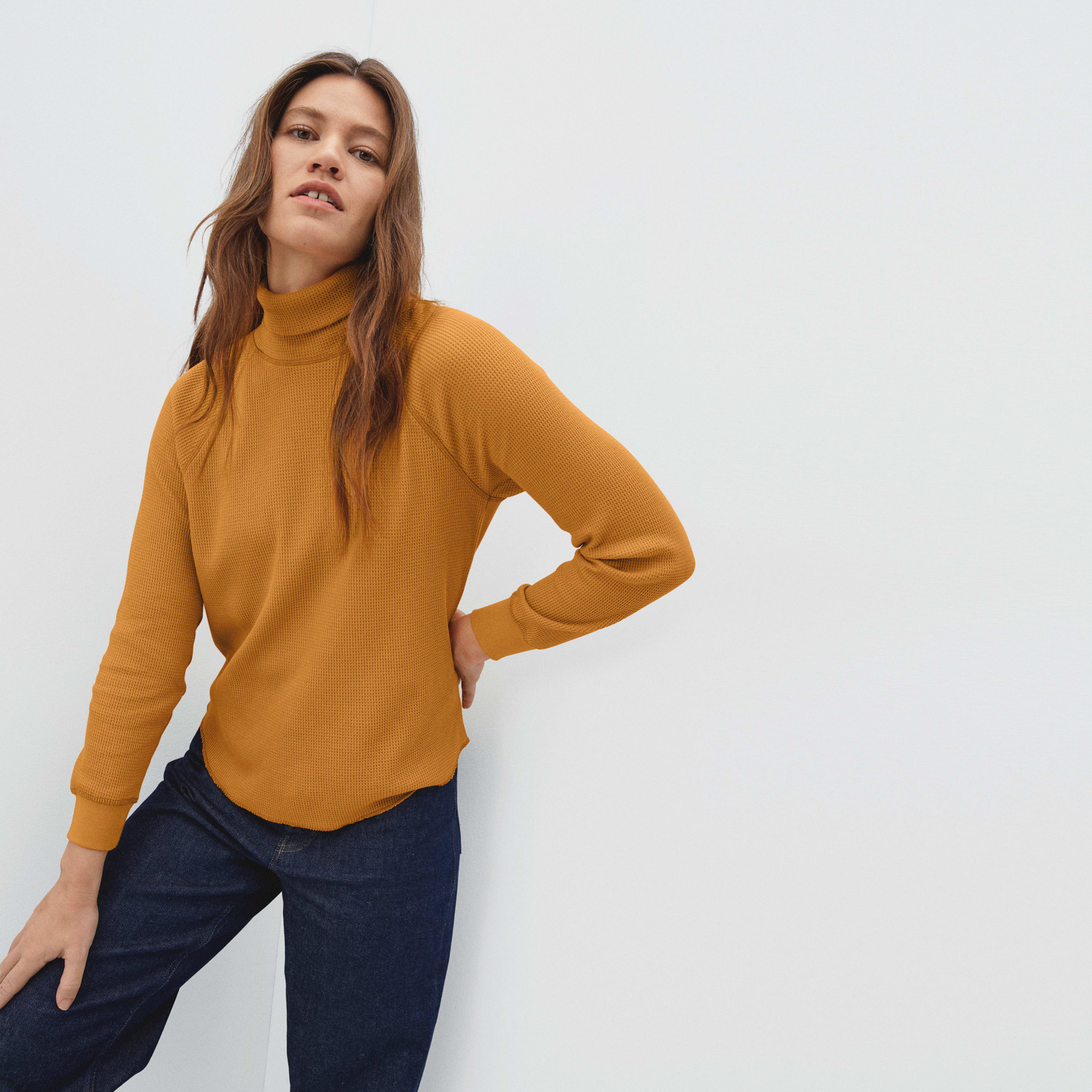 Women's Organic Cotton Turtleneck Waffle Tee Sweater by Everlane in Burnt Orange, Size XL | Everlane