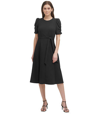 Women's Ruched-Sleeve Belted Fit and Flare Midi Dress | Macy's
