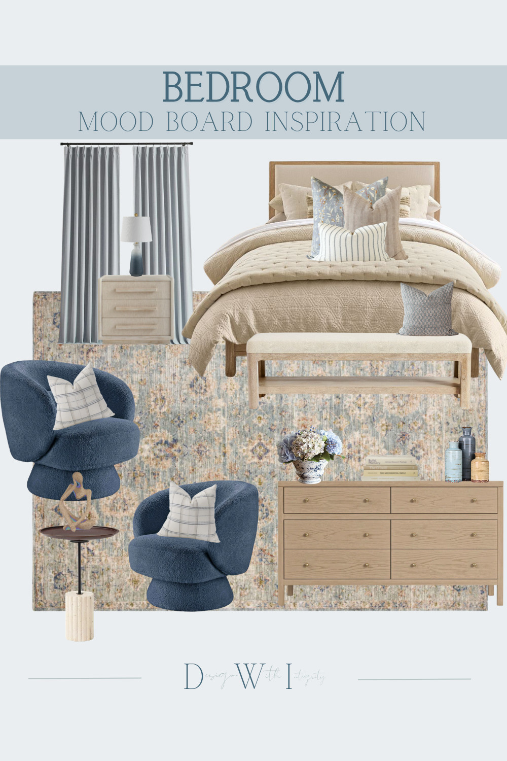 This bedroom mood board blends soft neutrals with layered blue tones to create a space that feels both calm and collected. The textured bedding and warm wood furniture ground the room, while the mix of patterned and solid pillows adds depth and visual interest. Plush accent chairs introduce a cozy, sculptural element, creating the perfect spot to unwind. Light drapery and subtle decor details keep the space feeling airy and balanced.

Every piece was selected to work together seamlessly. Tap through to shop all selections and recreate this relaxed, elevated bedroom in your own home.

#bedroominspiration #interiordesign #bedroomdecor #neutralbedroom #bluebedroom #cozyinteriors #homeinspo #bedroomdesign #ltkhome

bedroom mood board
blue and neutral bedroom
cozy bedroom decor
layered bedding
accent chair bedroom
warm wood bedroom furniture
bedroom design inspiration
bedroom lighting ideas
interior design inspiration 

 #LTKHome