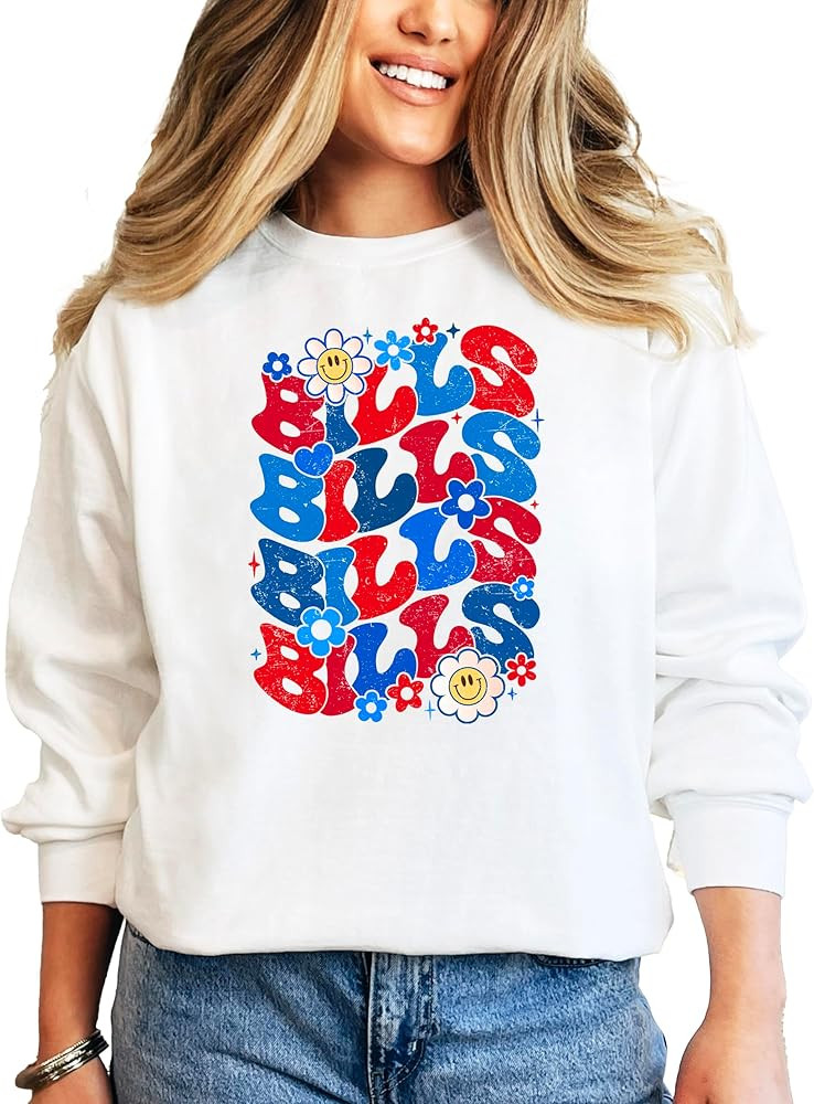 Olive Loves Apple Groovy Floral Bills Sweatshirt for Women Teens and Girls Red and Blue Team Prid... | Amazon (US)