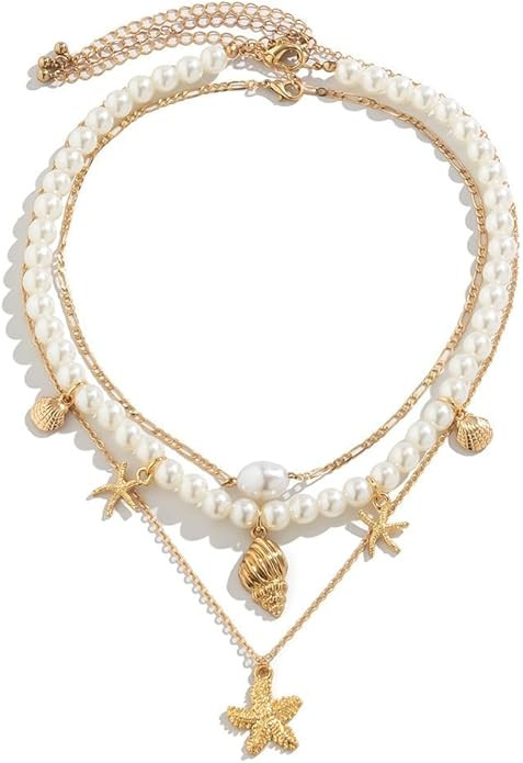 Layered Starfish Necklace Beach Jewelry for Women Seashell Cowrie Puka Shell Necklaces for Women ... | Amazon (US)