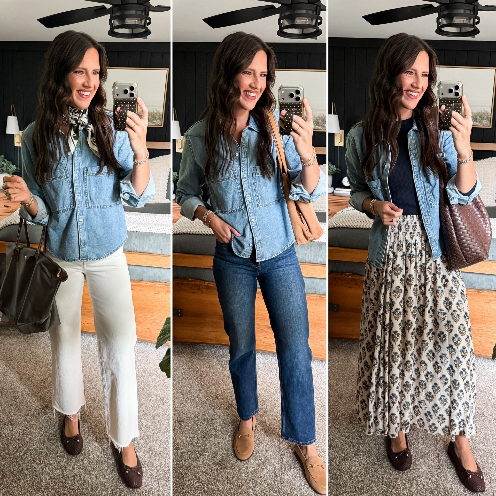Fall Capsule Wardrobe - Denim Shirt

Denim shirt (medium) 
Ivory jeans (27 long) 
Straight leg jeans (26 regular) 
Skirt (small) 
Navy long sleeve (medium)