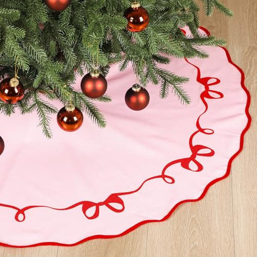 VioraWhite 48 Inch Christmas Scalloped Tree Skirt Pink Bow Christmas Tree Skirt Decoration Cotton Xmas Mat for Seasonal Winter Holiday Party | Amazon (US)