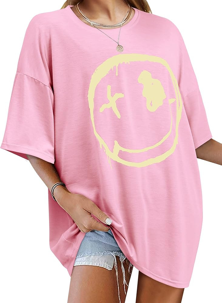 WLLW Women's Drop Shoulder Cute Oversized Graphic Tees Loose Crewneck Half Sleeve Preppy Graphic ... | Amazon (US)