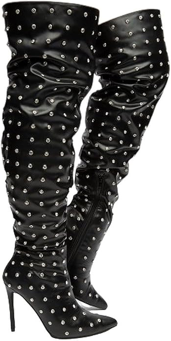 Women Rhinestone Stiletto Heel Over the Knee Thigh High Fashion Boots | Amazon (US)