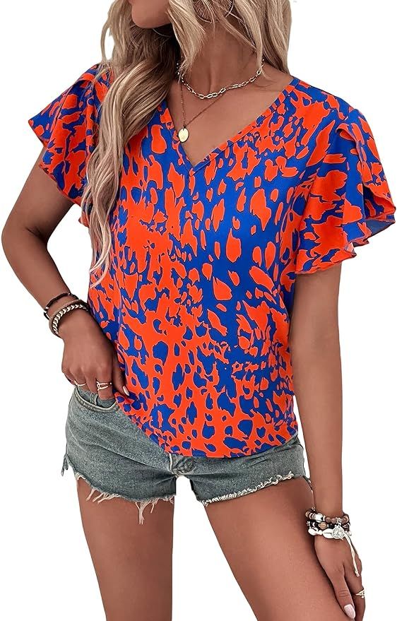 MakeMeChic Women's Allover Print Flutter Short Sleeve V Neck Blouse Shirt Top | Amazon (US)