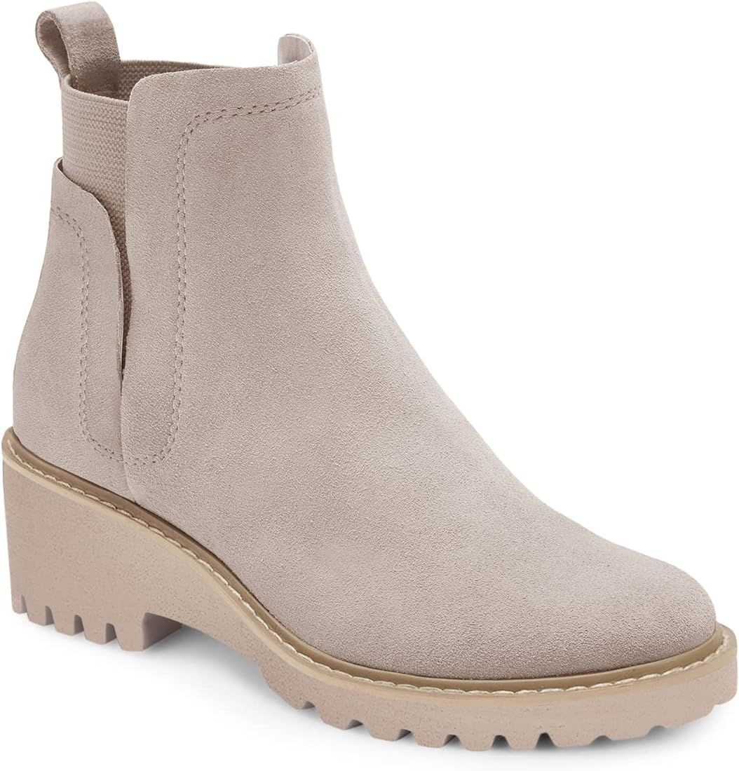 Womens Platform Lug Sole Chelsea Boots Ankle High Chunky Block Heel Non-Slip Suede Leather Slip on C | Amazon (US)