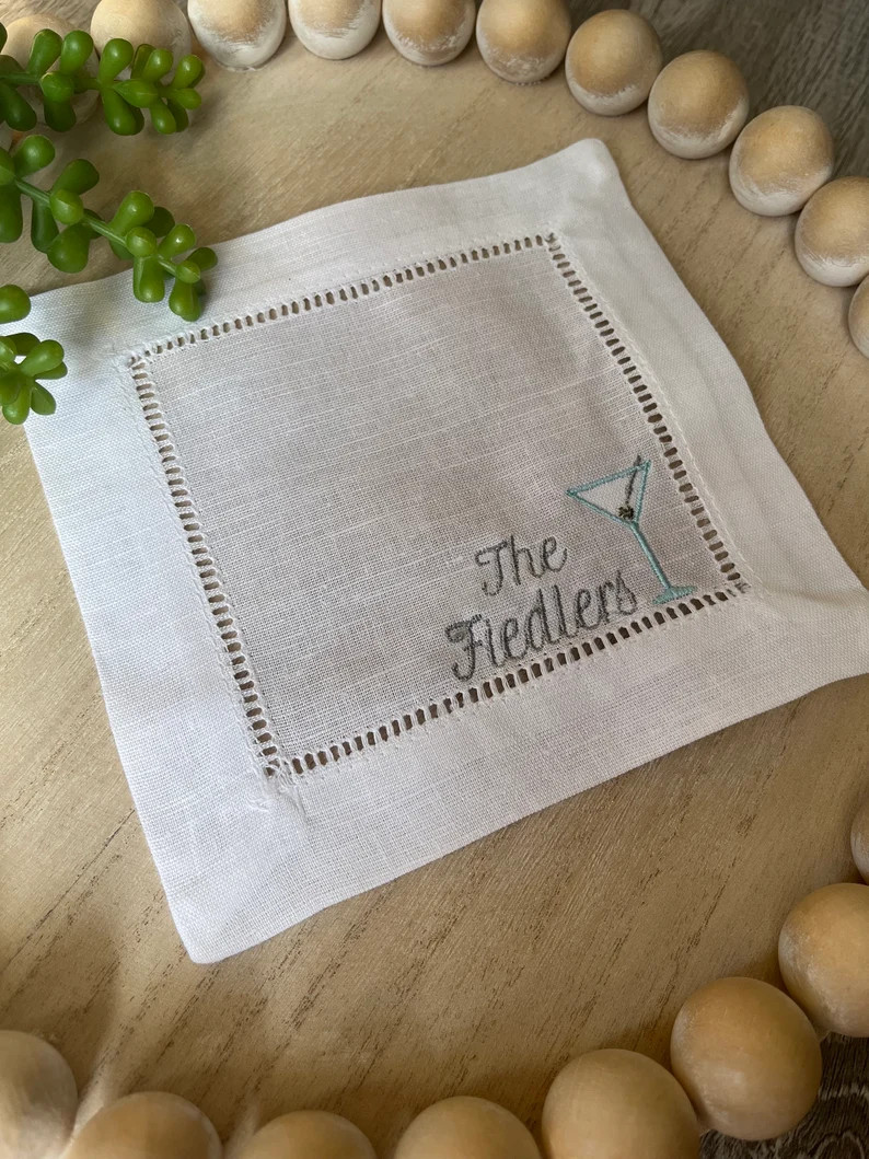 Hemstitch Linen Cocktail Napkins With Martini Glass and - Etsy | Etsy (US)