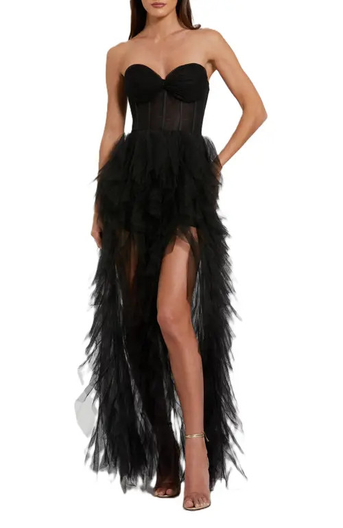 Mac Duggal Strapless Bustier Net Gown With Spiral Ruffles in Black at Nordstrom, Size 2 | Nordstrom