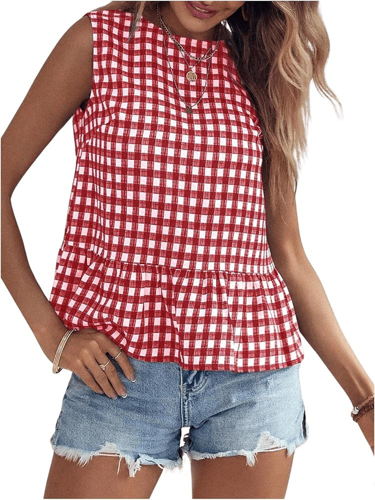Floerns Women's Gingham Print Sleeveless Round Neck Ruffle Hem Peplum Blouse Top | Amazon (US)