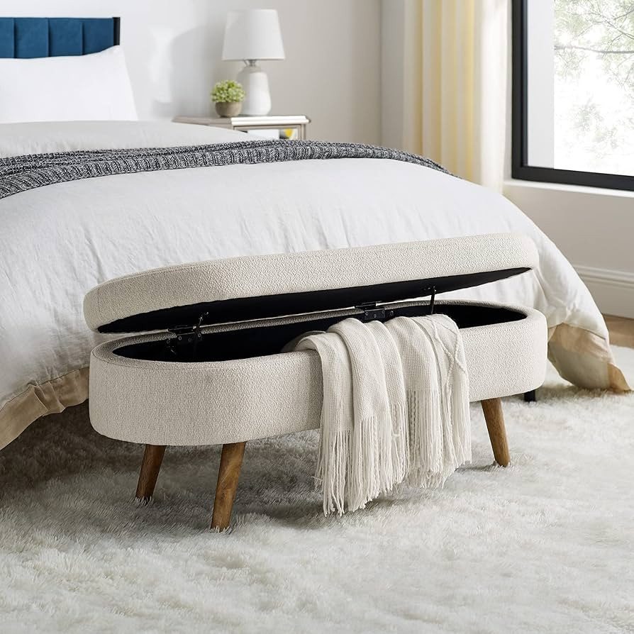 MRIISEL 43.5" Linen Fabric Oval Storage Bench with Solid Wood Legs - Upholstered Indoor Ottoman B... | Amazon (US)