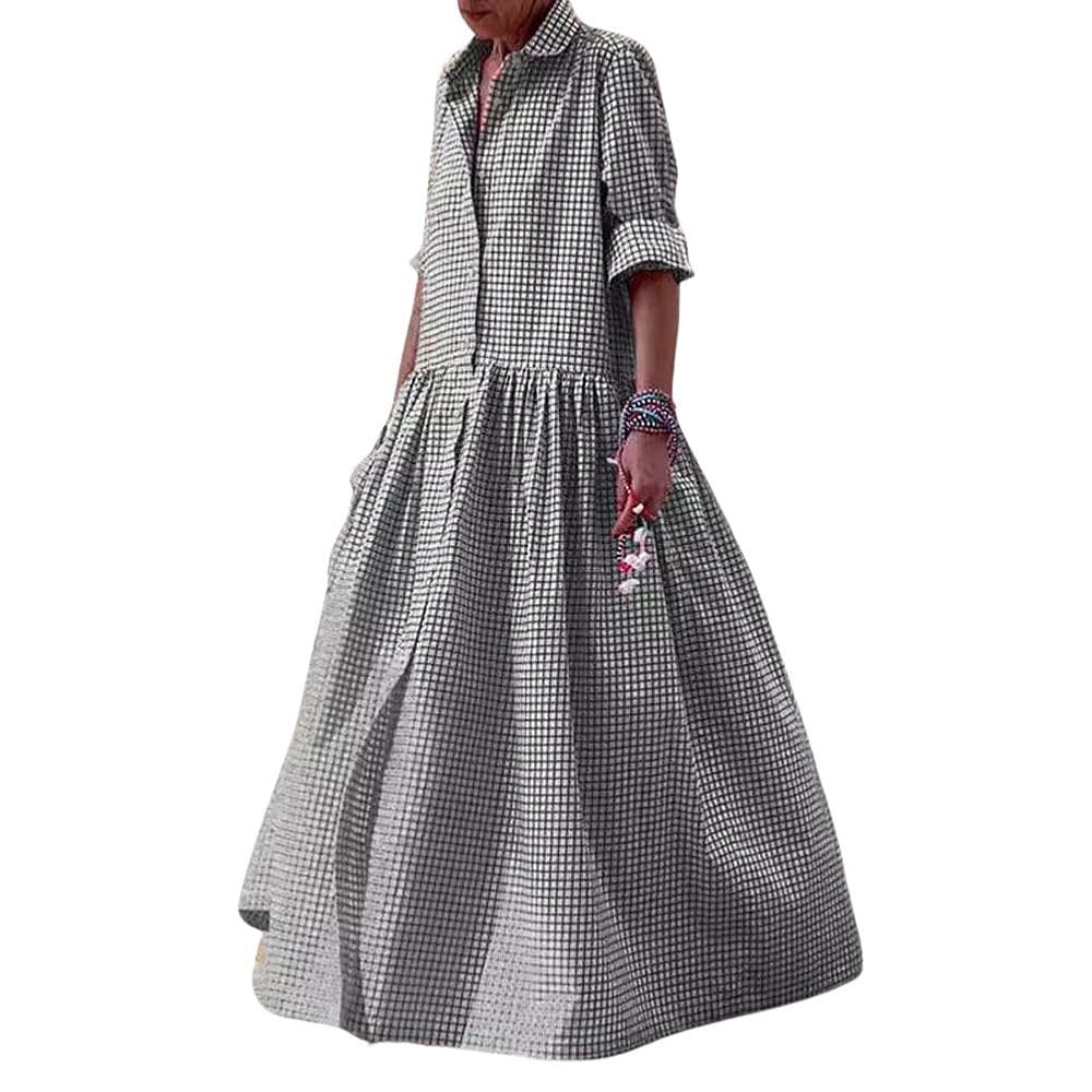 chouyatou Women's Retro Plaid Button Down Maxi Shirt Dress Long Sleeve Button Up Gingham Swing Lo... | Amazon (CA)