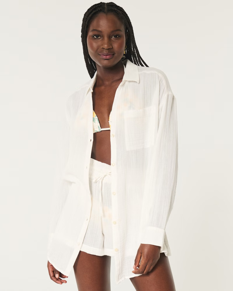 Button-Up Gauze Shirt Dress | Hollister (US)