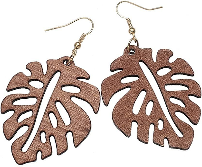 2 Pairs Natural Wooden Monstera Leaves Stud Earring for Women Girls Tropical Plant Palm Leaf Afri... | Amazon (US)